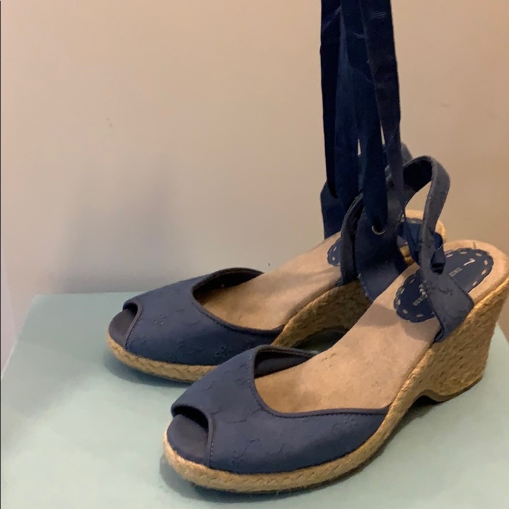 Blue wedges with a ballerina lace up.